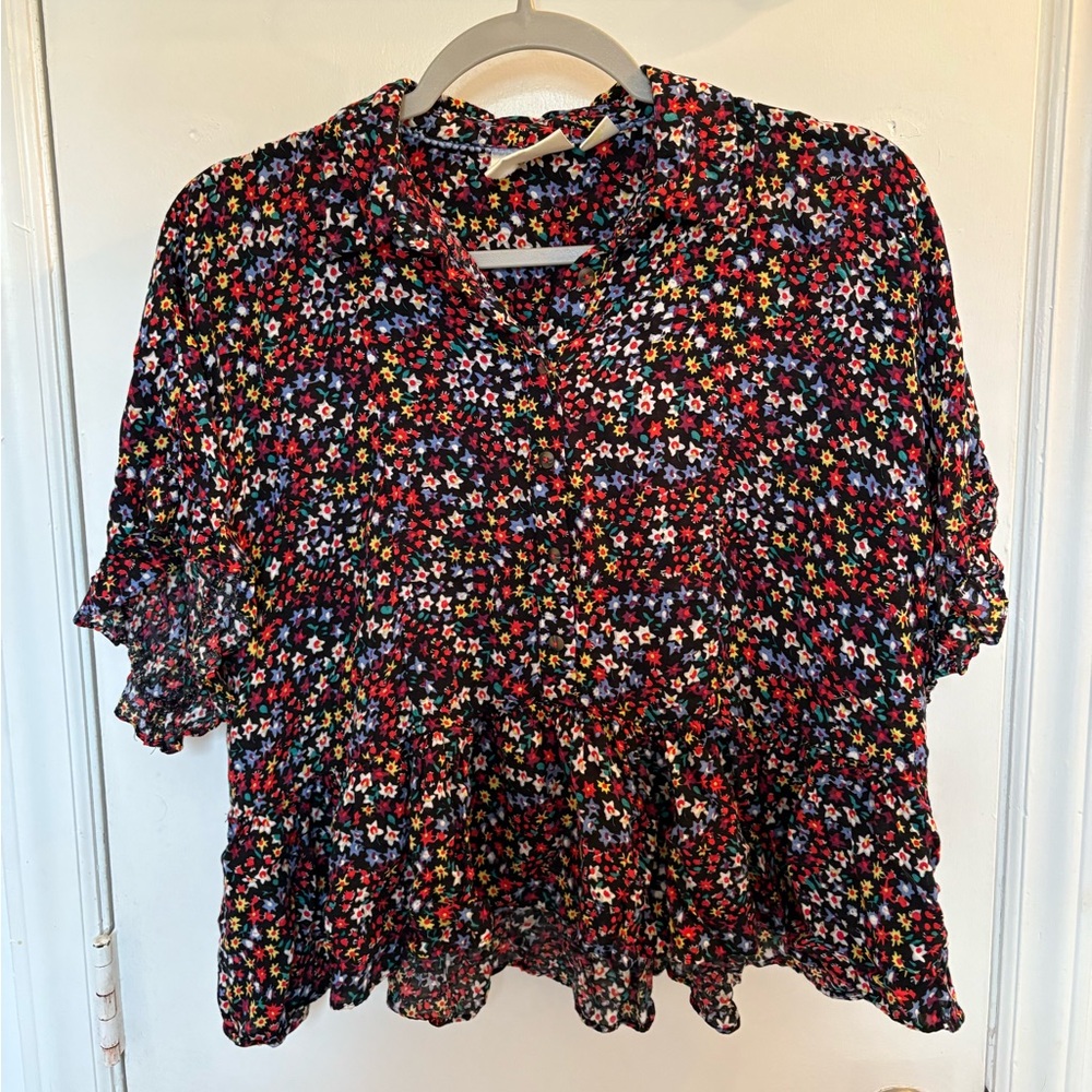 Anthropologie Black Floral Ruffled Short-Sleeve Blouse